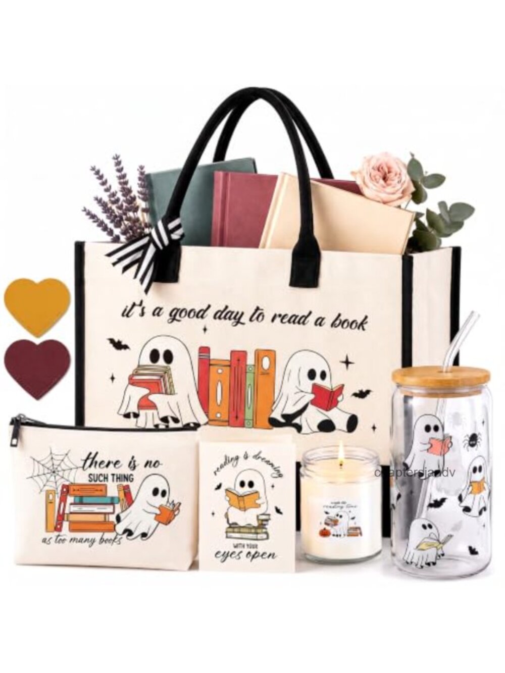 Canvas Tote Bag Set Ghost Bookish Gift 6 Pcs Tote Makeup Cup Candle